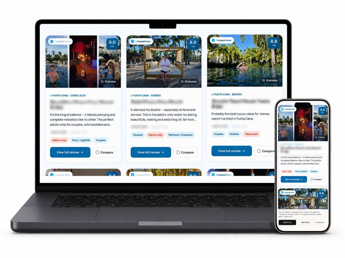 The Discovering Stays private guide on a MacBook and an iPhone